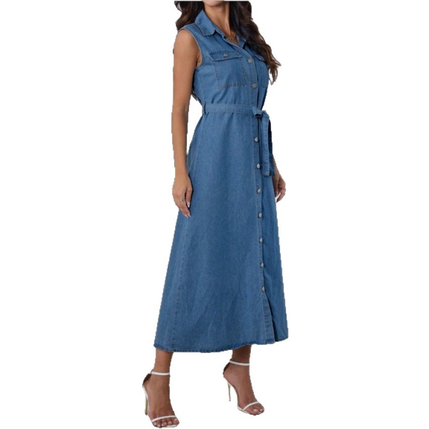 Womens Denim Dress With Belt And Front Buttons