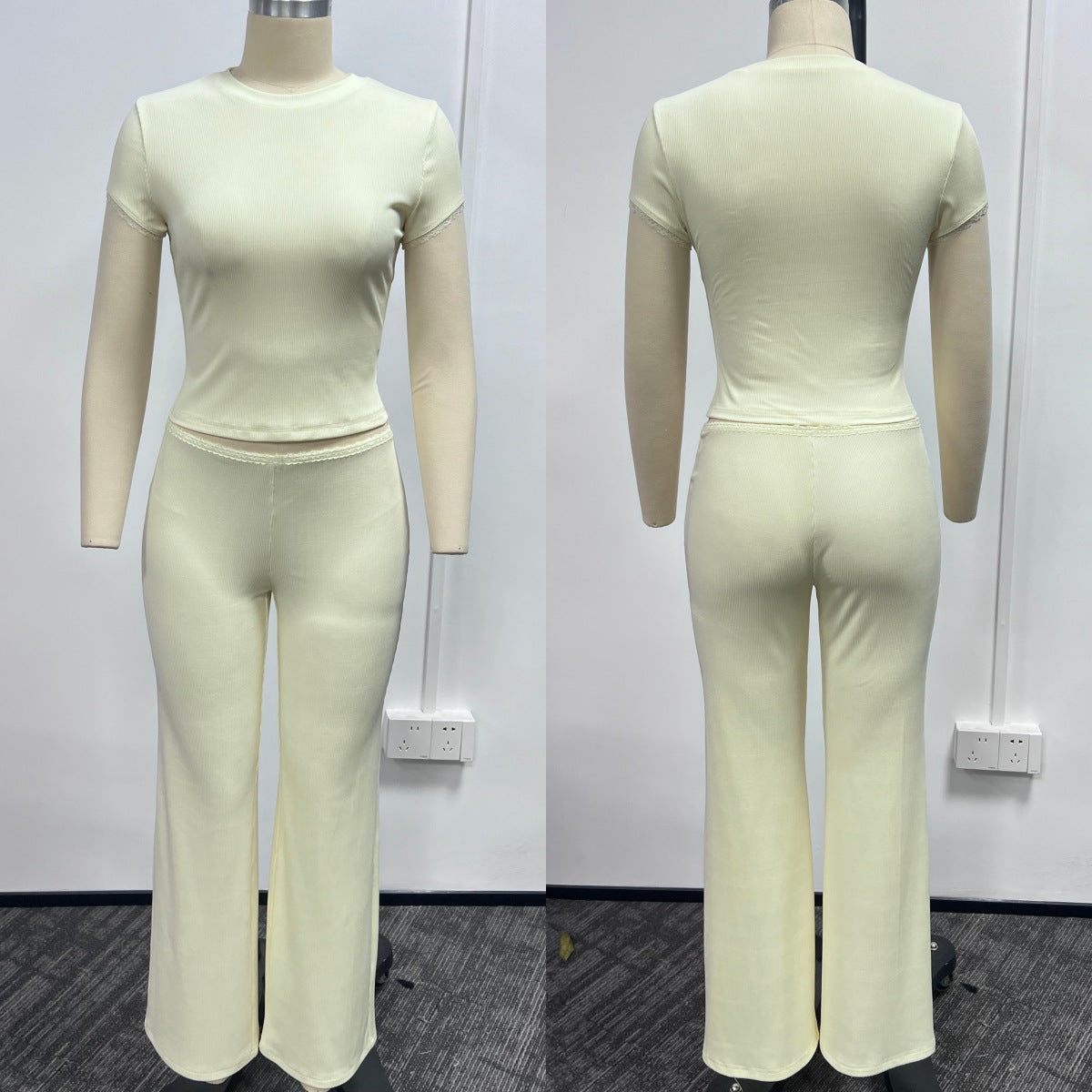 Solid-color Two-piece Set Short-sleeve Top And Long Pants For Women