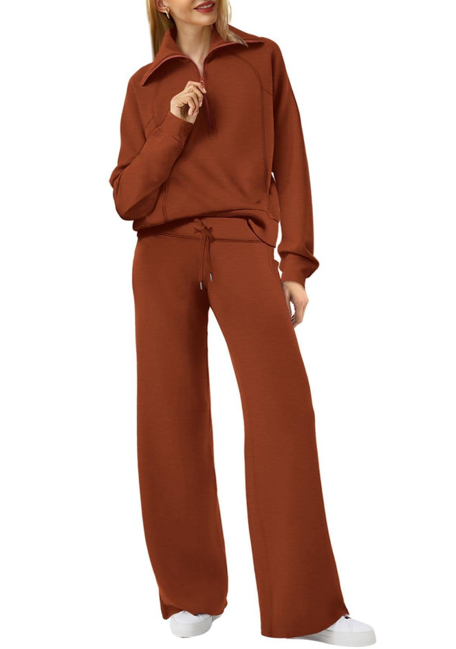 Woman Solid Color Half Zip Long Sleeve Sweatshirt And Wide Leg Pants Set Casual Sporty Two Piece Outfit Women's Suit