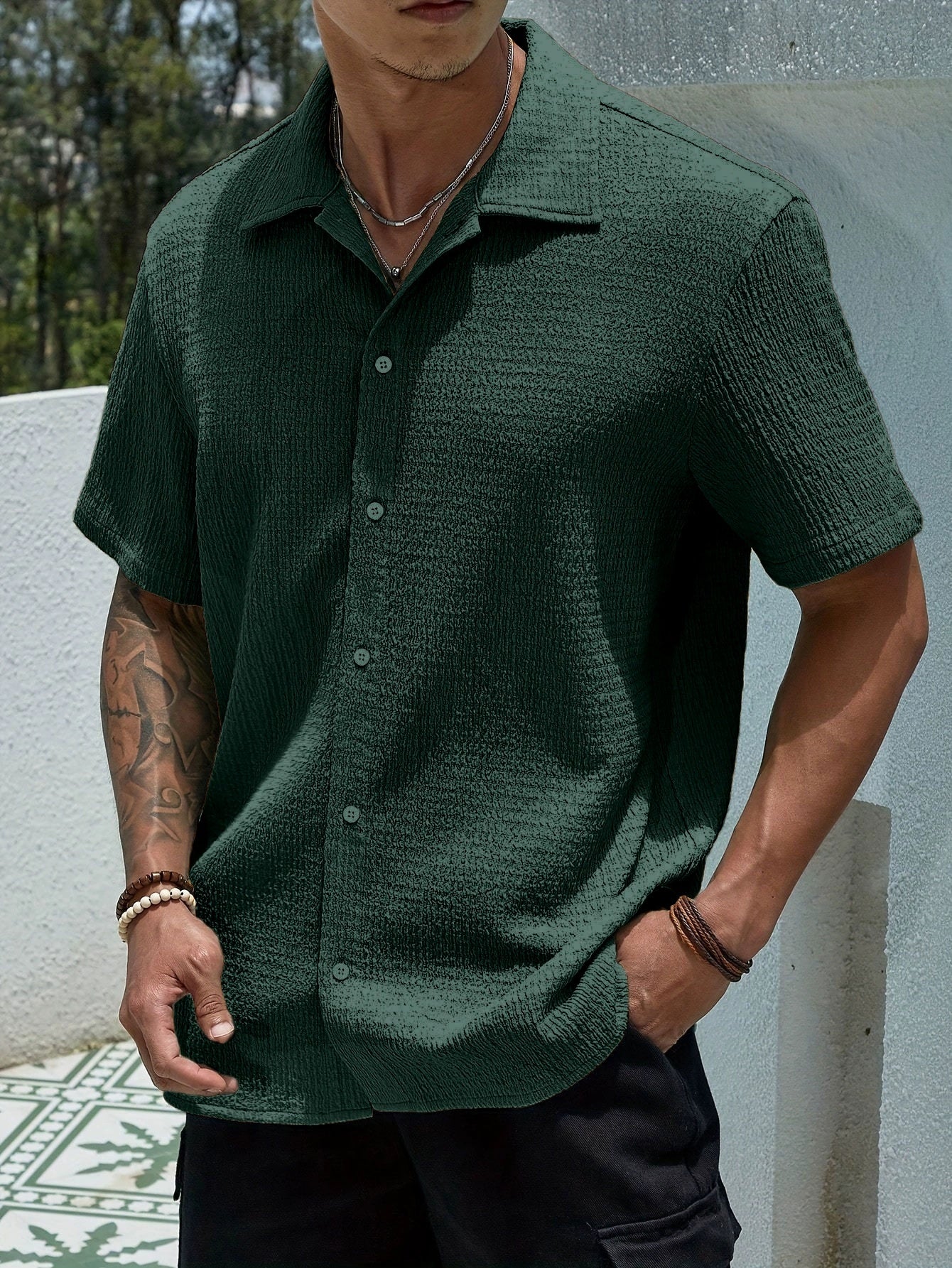 Men's Solid Color Short Sleeve Shirt Fashion Casual Button Lapel Tops Clothing
