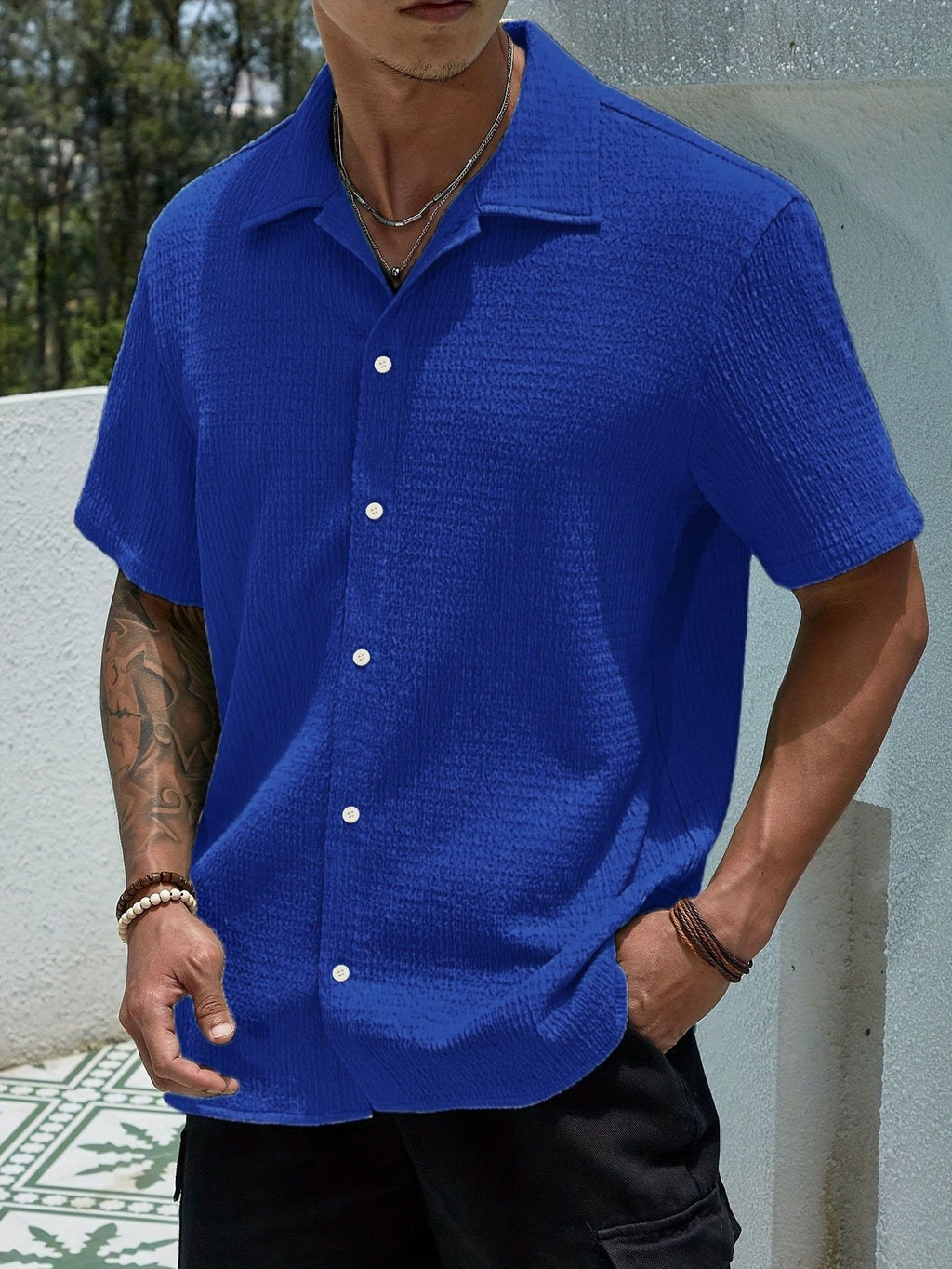 Men's Solid Color Short Sleeve Shirt Fashion Casual Button Lapel Tops Clothing