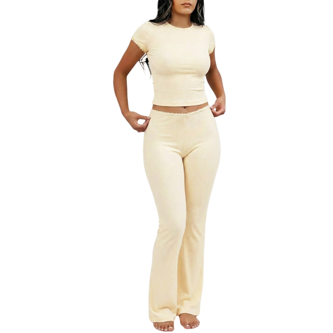 Solid-color Two-piece Set Short-sleeve Top And Long Pants For Women