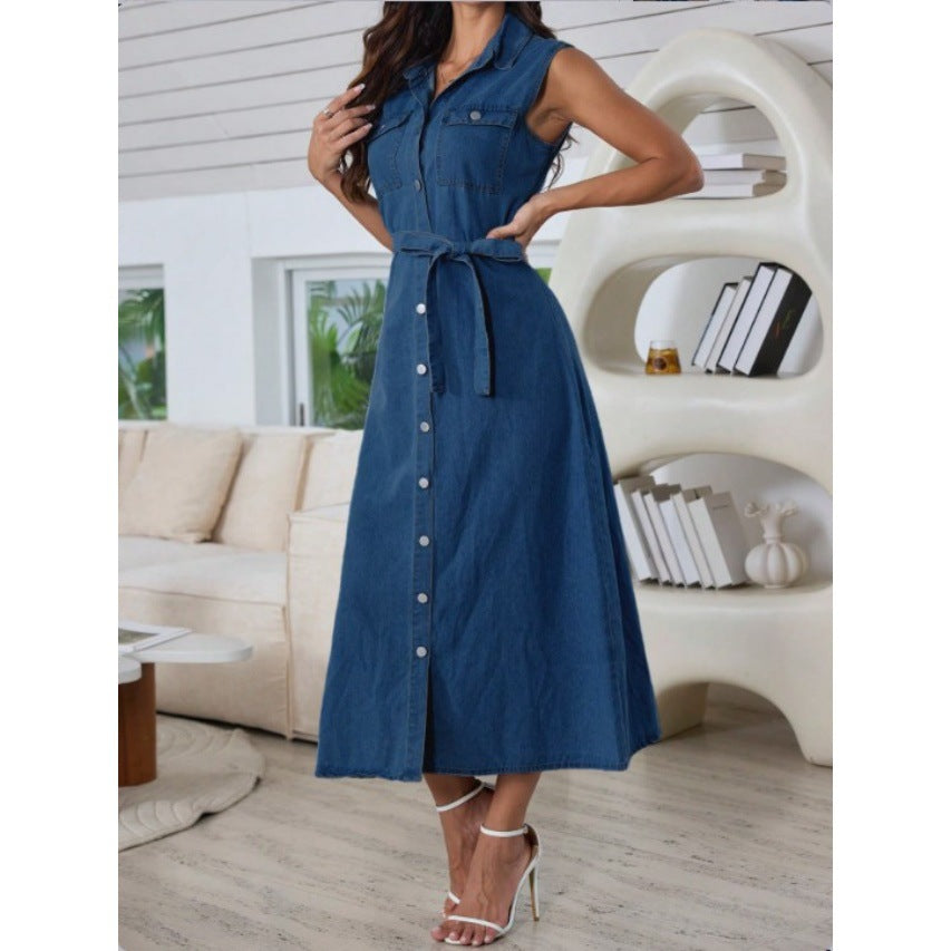 Womens Denim Dress With Belt And Front Buttons
