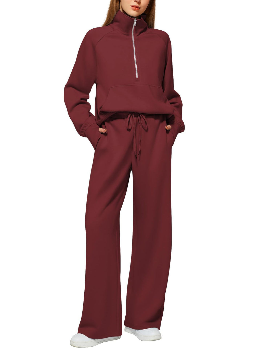 Woman Solid Color Half Zip Long Sleeve Sweatshirt And Wide Leg Pants Set Casual Sporty Two Piece Outfit Women's Suit