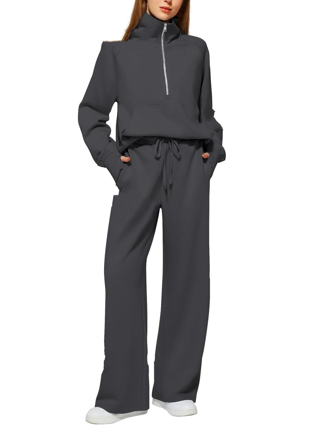 Woman Solid Color Half Zip Long Sleeve Sweatshirt And Wide Leg Pants Set Casual Sporty Two Piece Outfit Women's Suit