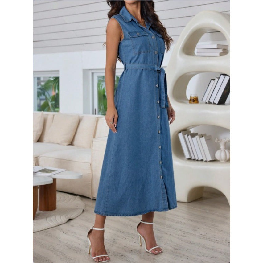 Womens Denim Dress With Belt And Front Buttons