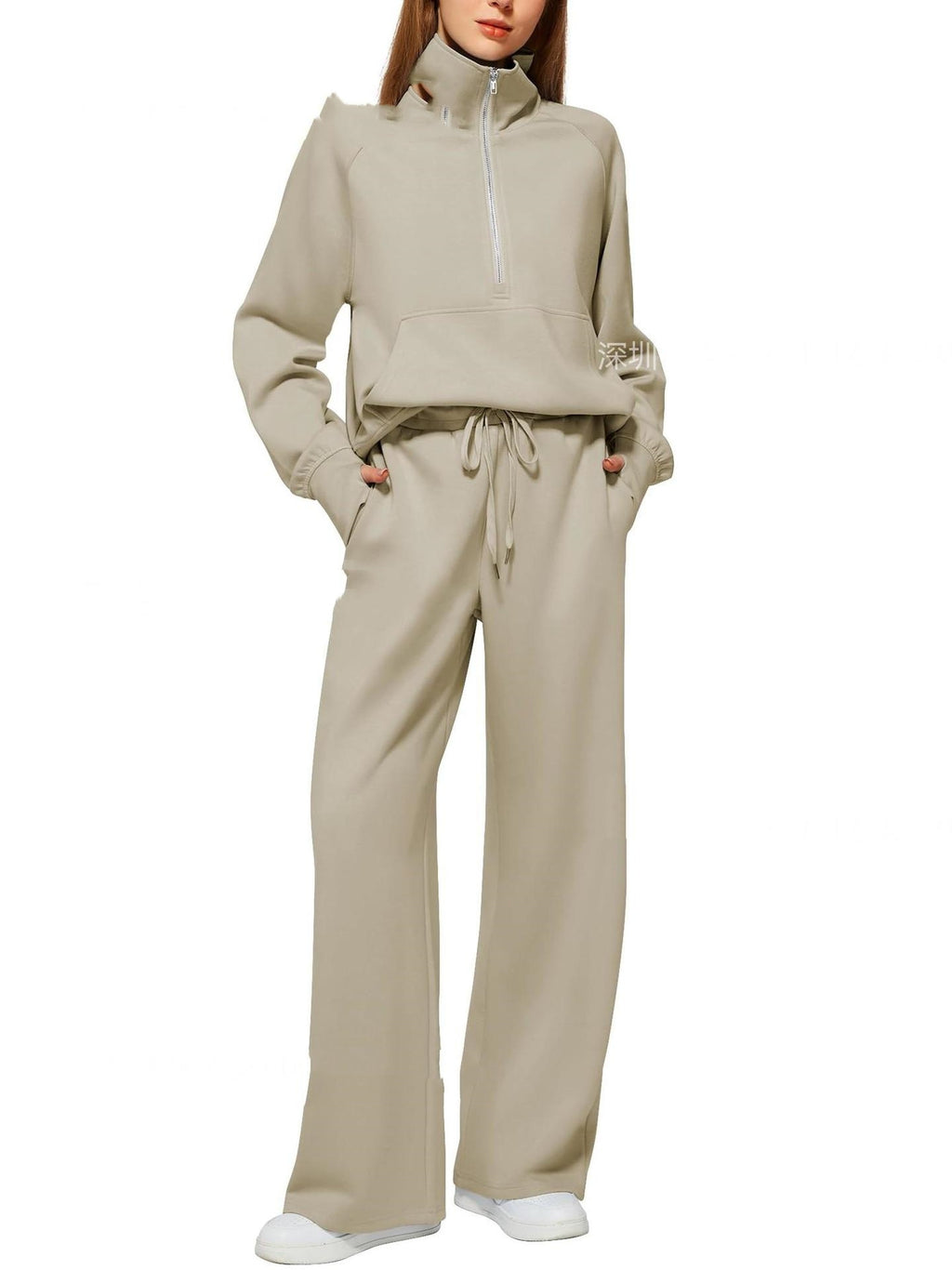 Woman Solid Color Half Zip Long Sleeve Sweatshirt And Wide Leg Pants Set Casual Sporty Two Piece Outfit Women's Suit