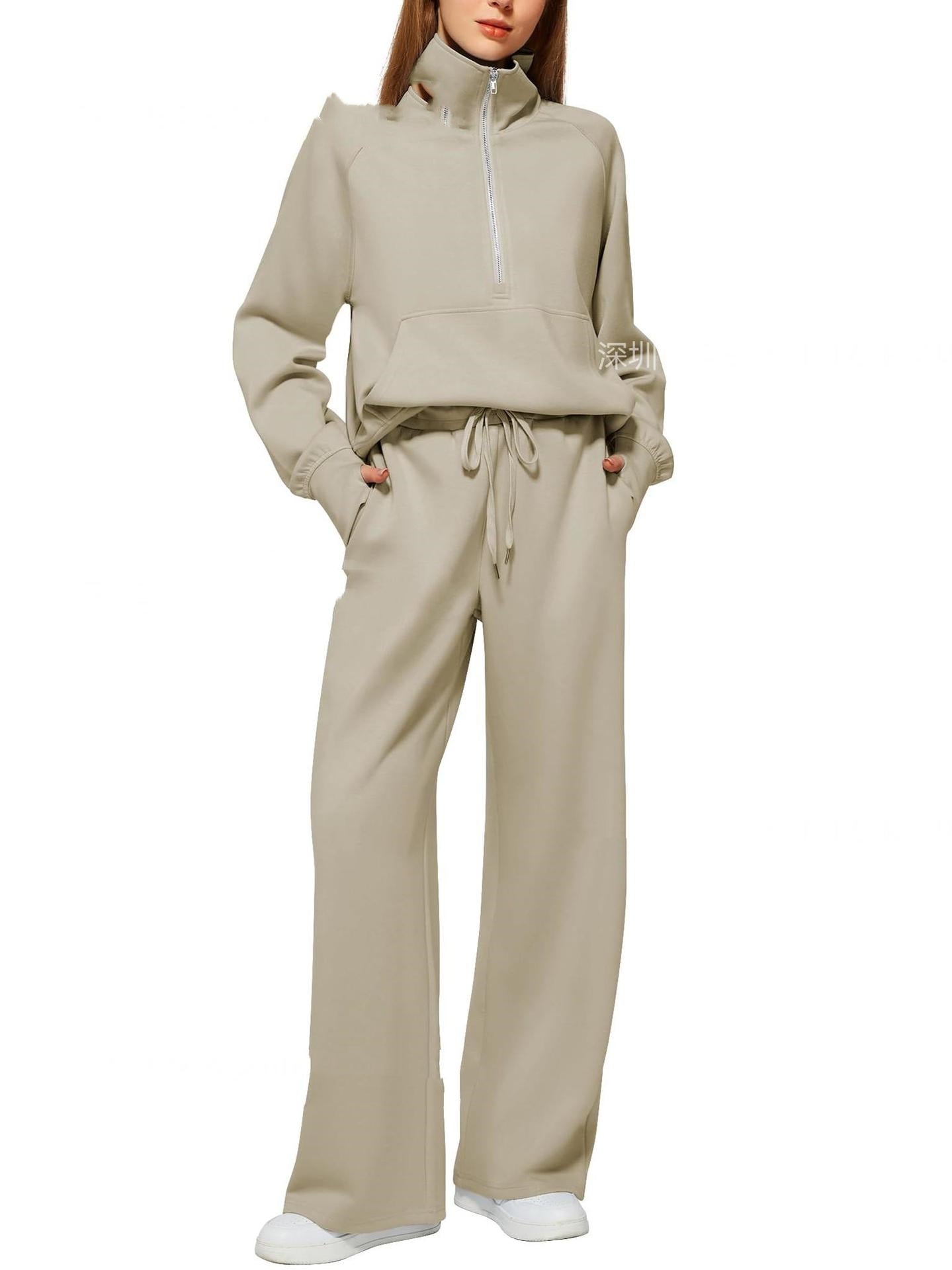 Woman Solid Color Half Zip Long Sleeve Sweatshirt And Wide Leg Pants Set Casual Sporty Two Piece Outfit Women's Suit