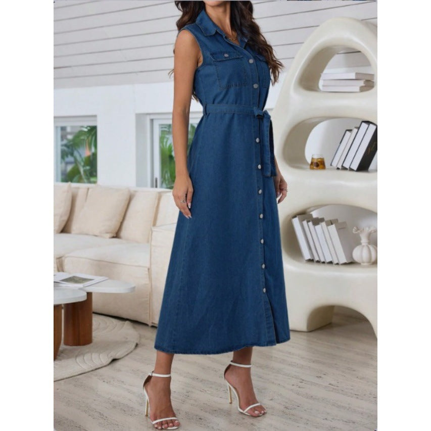 Womens Denim Dress With Belt And Front Buttons