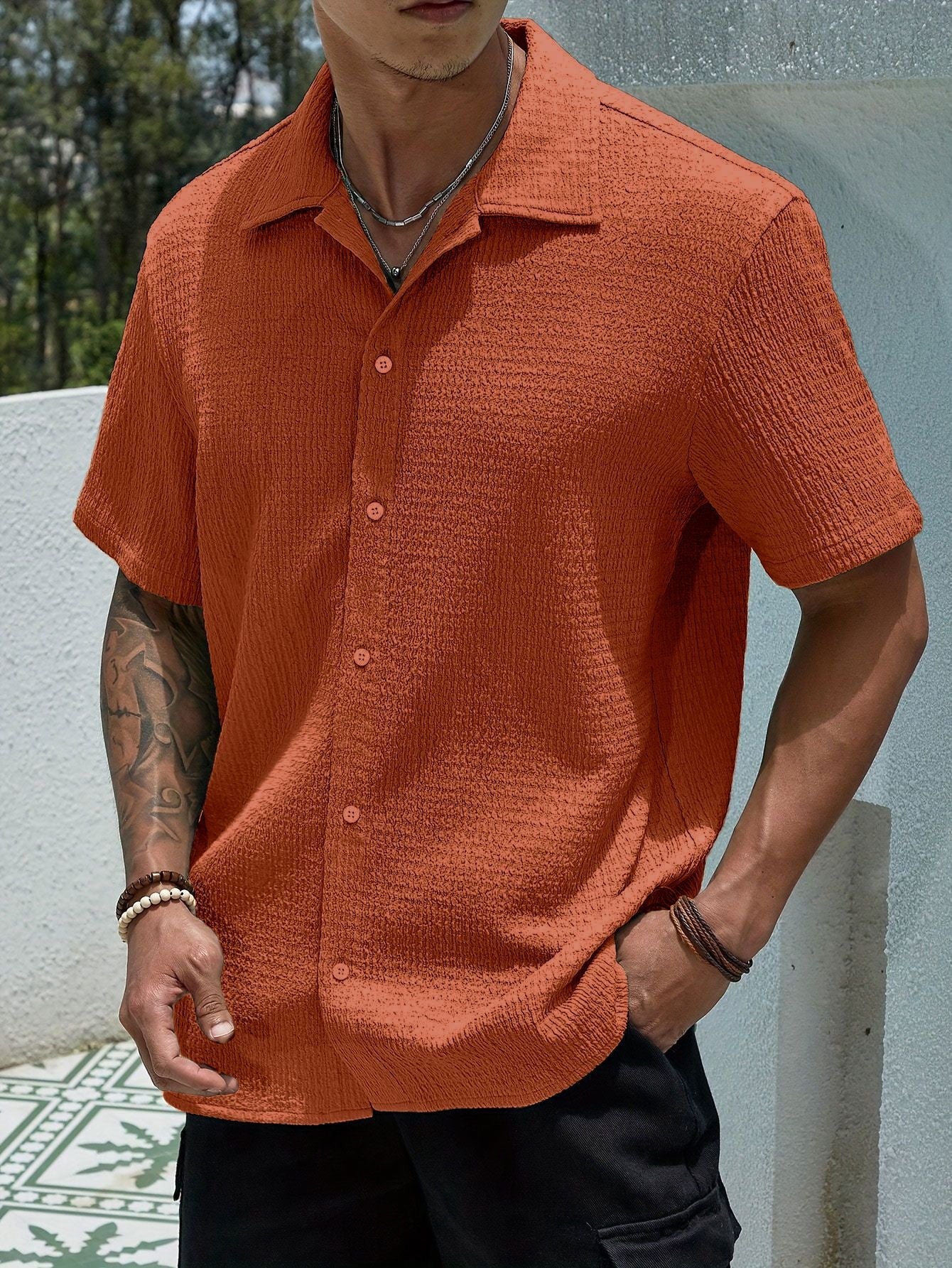 Men's Solid Color Short Sleeve Shirt Fashion Casual Button Lapel Tops Clothing