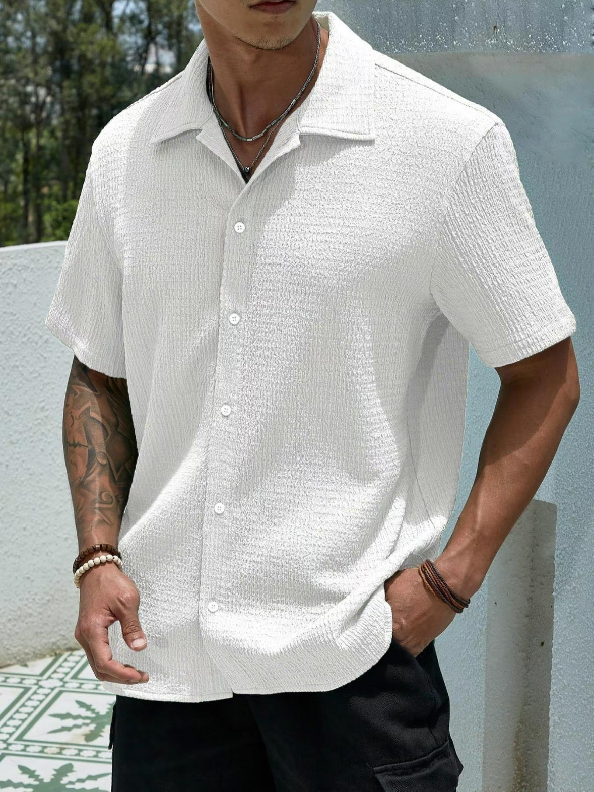 Men's Solid Color Short Sleeve Shirt Fashion Casual Button Lapel Tops Clothing