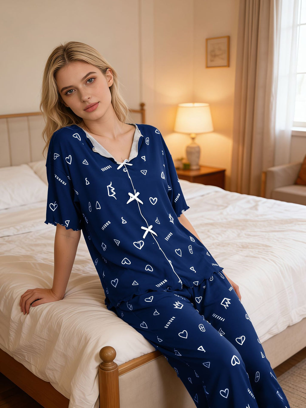 Womens Short-Sleeve Pants Casual Loose Two-Piece Loungewear Set