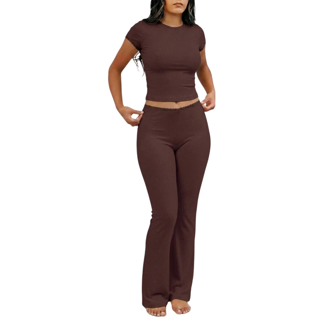 Solid-color Two-piece Set Short-sleeve Top And Long Pants For Women