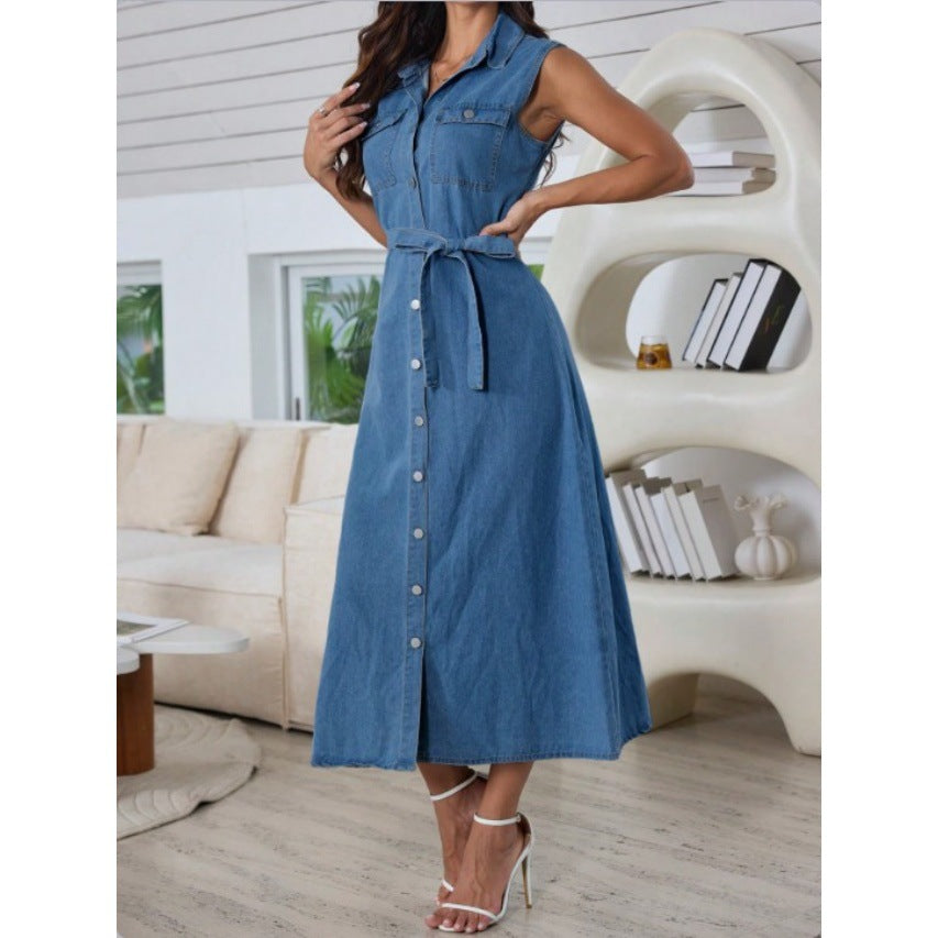 Womens Denim Dress With Belt And Front Buttons