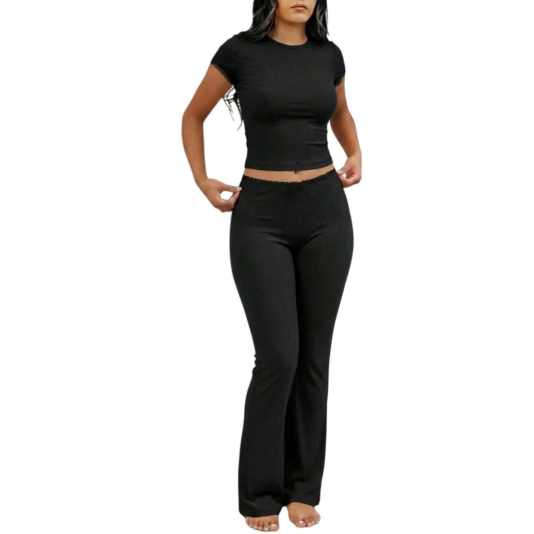 Solid-color Two-piece Set Short-sleeve Top And Long Pants For Women