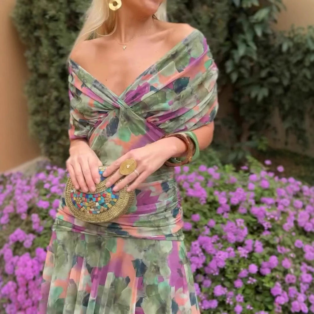 Chiffon Short-sleeved Dress Summer Fashion Print V-neck Long Dress, Women's Clothing