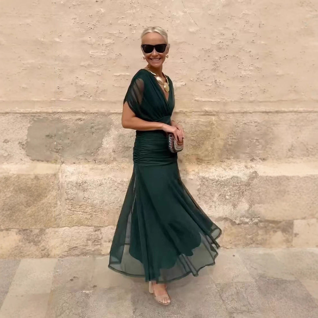 Chiffon Short-sleeved Dress Summer Fashion Print V-neck Long Dress, Women's Clothing