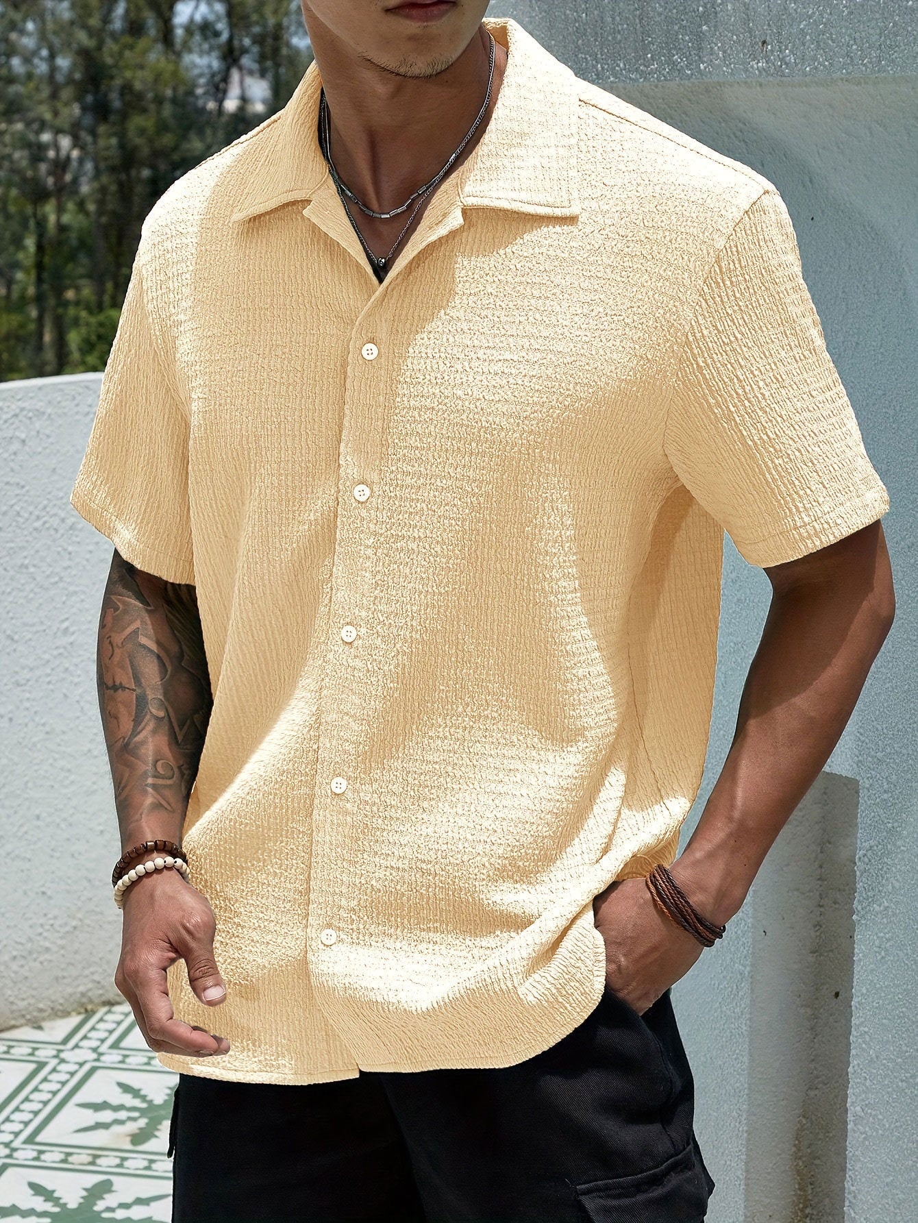 Men's Solid Color Short Sleeve Shirt Fashion Casual Button Lapel Tops Clothing